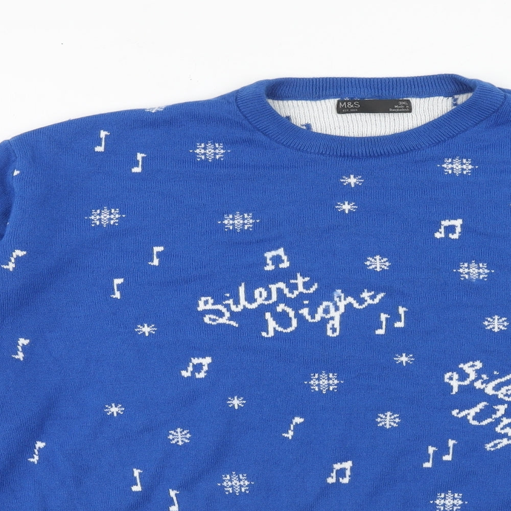 Marks and Spencer Mens Blue Round Neck Acrylic Pullover Jumper Size 3XL Long Sleeve - Christmas Penguin