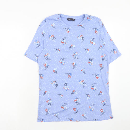 Marks and Spencer Womens Blue Floral Cotton Basic T-Shirt Size 18 Round Neck
