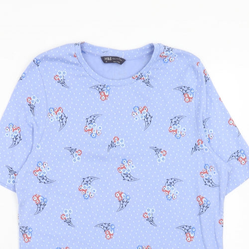 Marks and Spencer Womens Blue Floral Cotton Basic T-Shirt Size 18 Round Neck