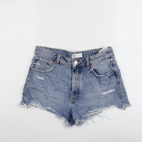 Zara Womens Blue Cotton Cut-Off Shorts Size 10 L3 in Regular Button