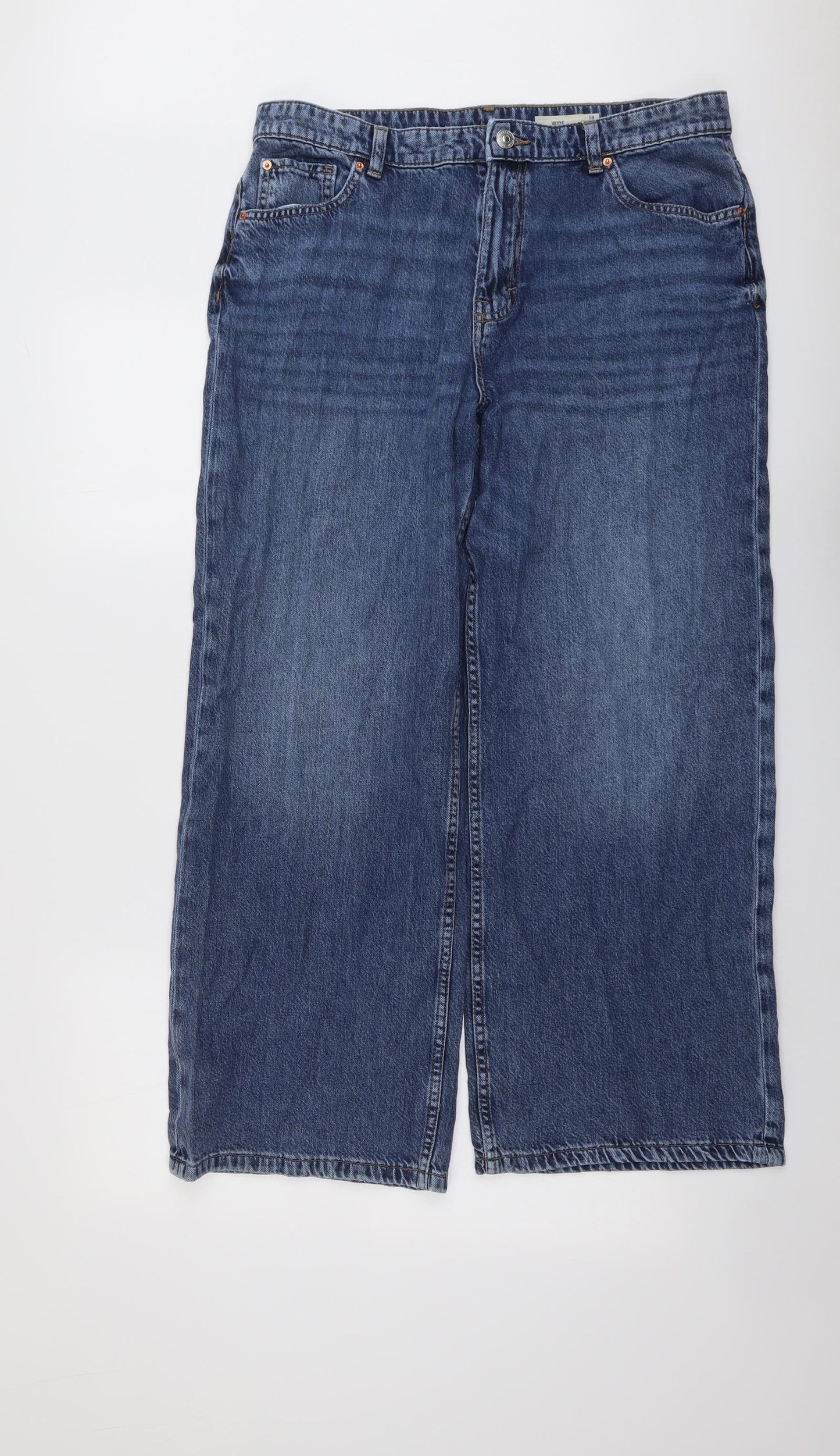 Marks and Spencer Womens Blue Cotton Wide-Leg Jeans Size 14 L27 in Regular Button