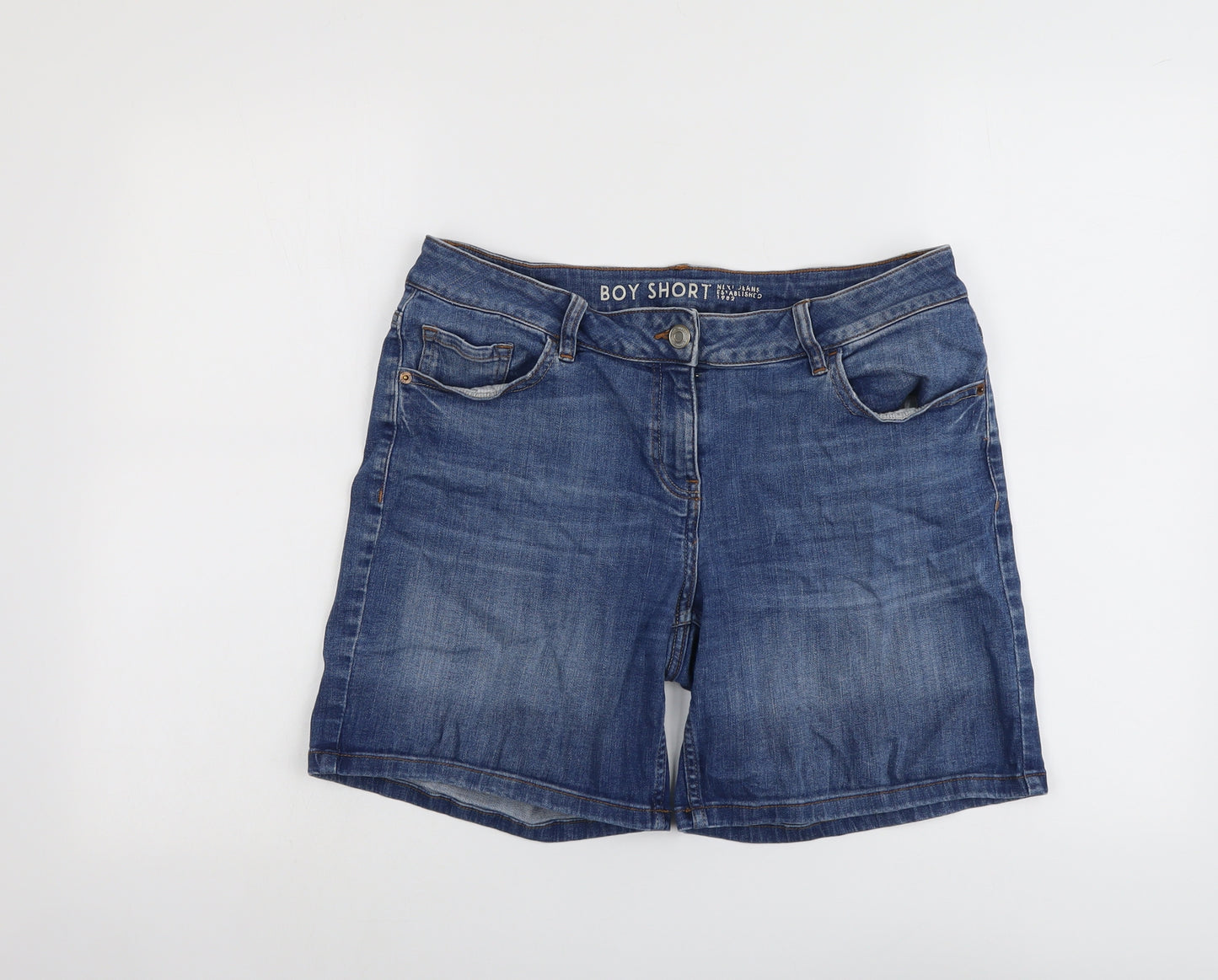 NEXT Womens Blue Cotton Boyfriend Shorts Size 12 L7 in Regular Button