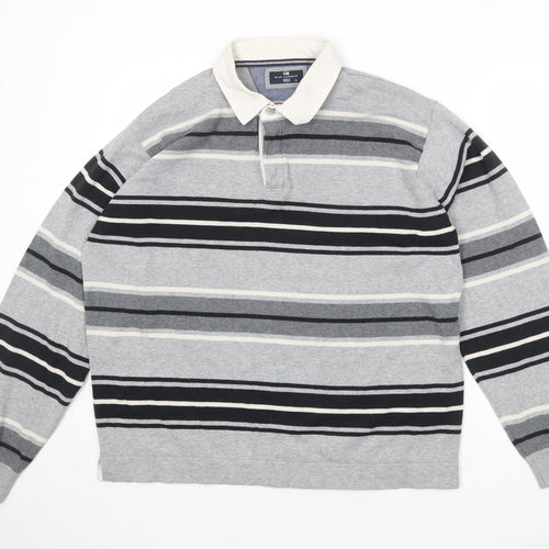 Blue Harbour Mens Grey Collared Striped Cotton Pullover Jumper Size XL 3/4 Sleeve