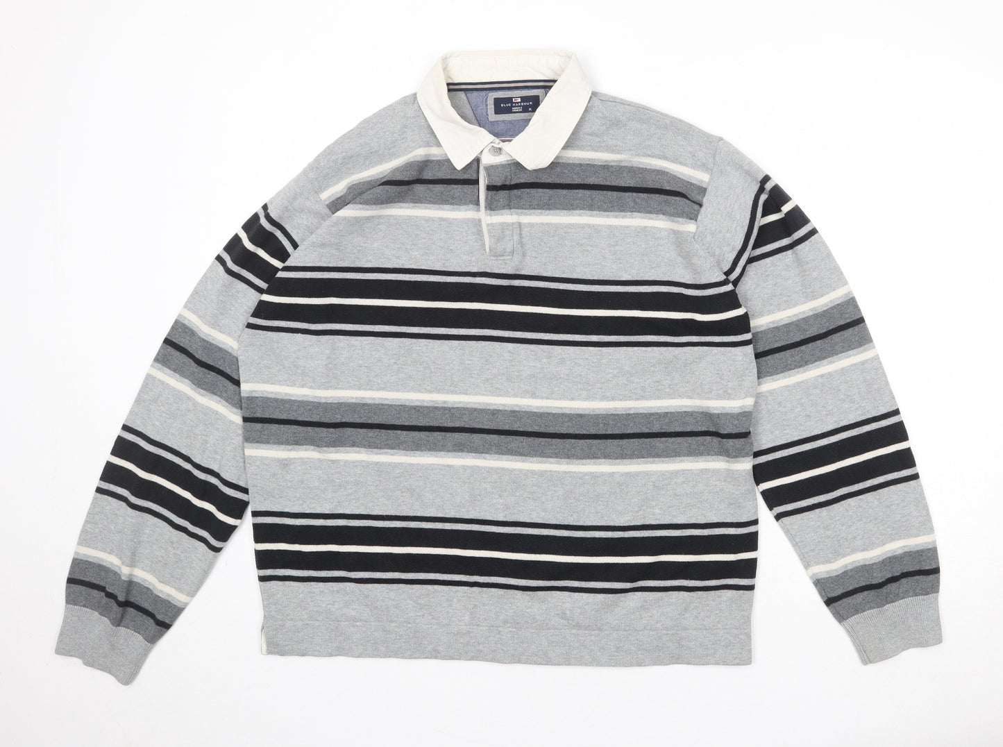 Blue Harbour Mens Grey Collared Striped Cotton Pullover Jumper Size XL 3/4 Sleeve