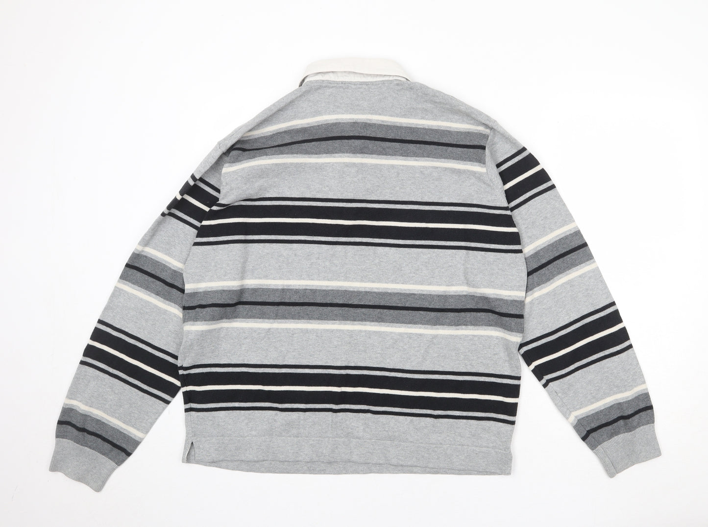 Blue Harbour Mens Grey Collared Striped Cotton Pullover Jumper Size XL 3/4 Sleeve