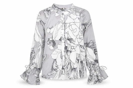 Front view of Next women’s grey geometric polyester basic blouse, size UK 8, round neck