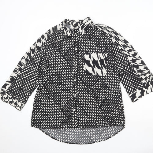 NEXT Womens Black Geometric Viscose Basic Button-Up Size 10 Collared