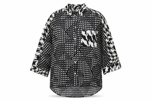 Front view of Next women’s black geometric viscose basic button-up, size UK 10, collared