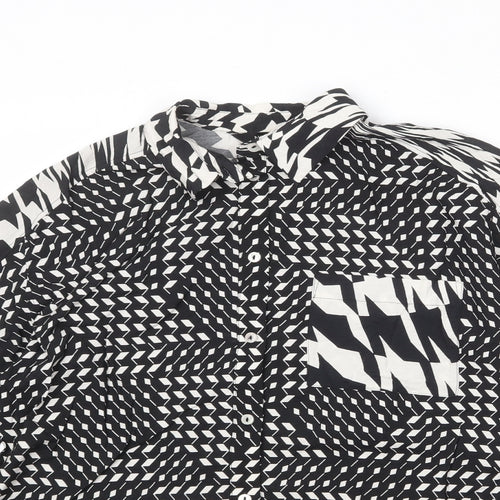 NEXT Womens Black Geometric Viscose Basic Button-Up Size 10 Collared