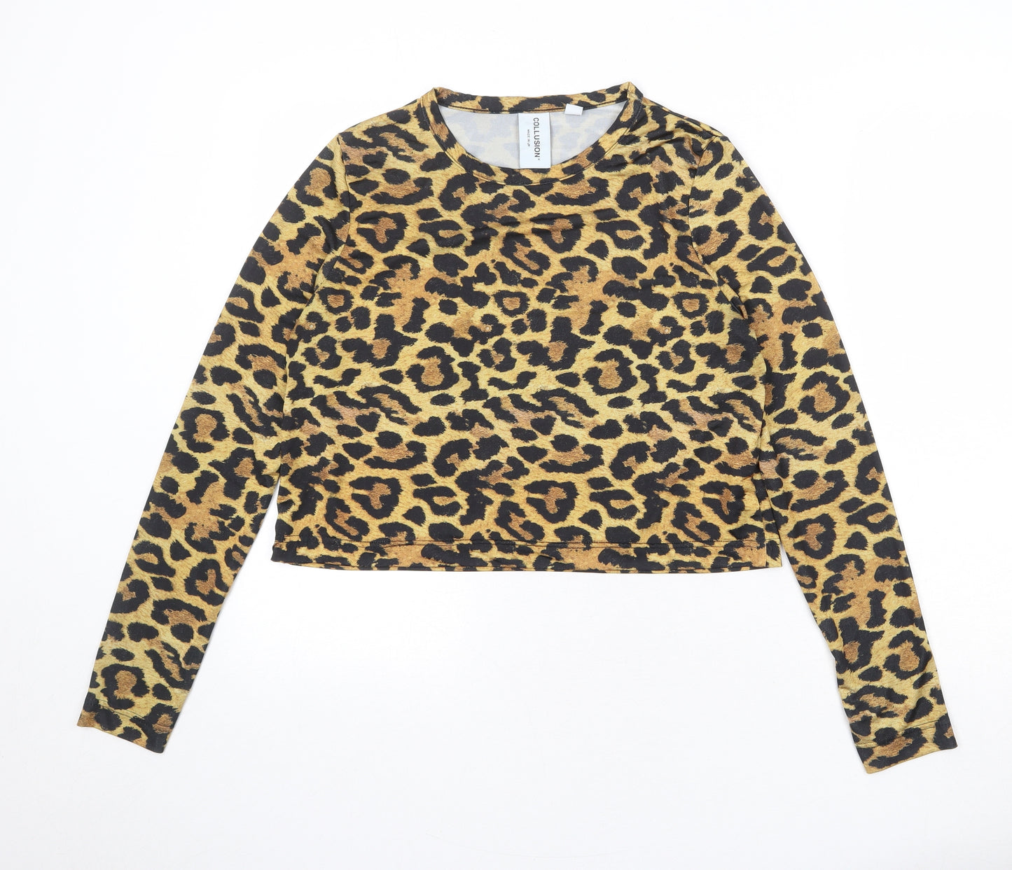 COLLUSION Womens Multicoloured Animal Print Polyester Basic T-Shirt Size 14 Round Neck - Leopard Pattern