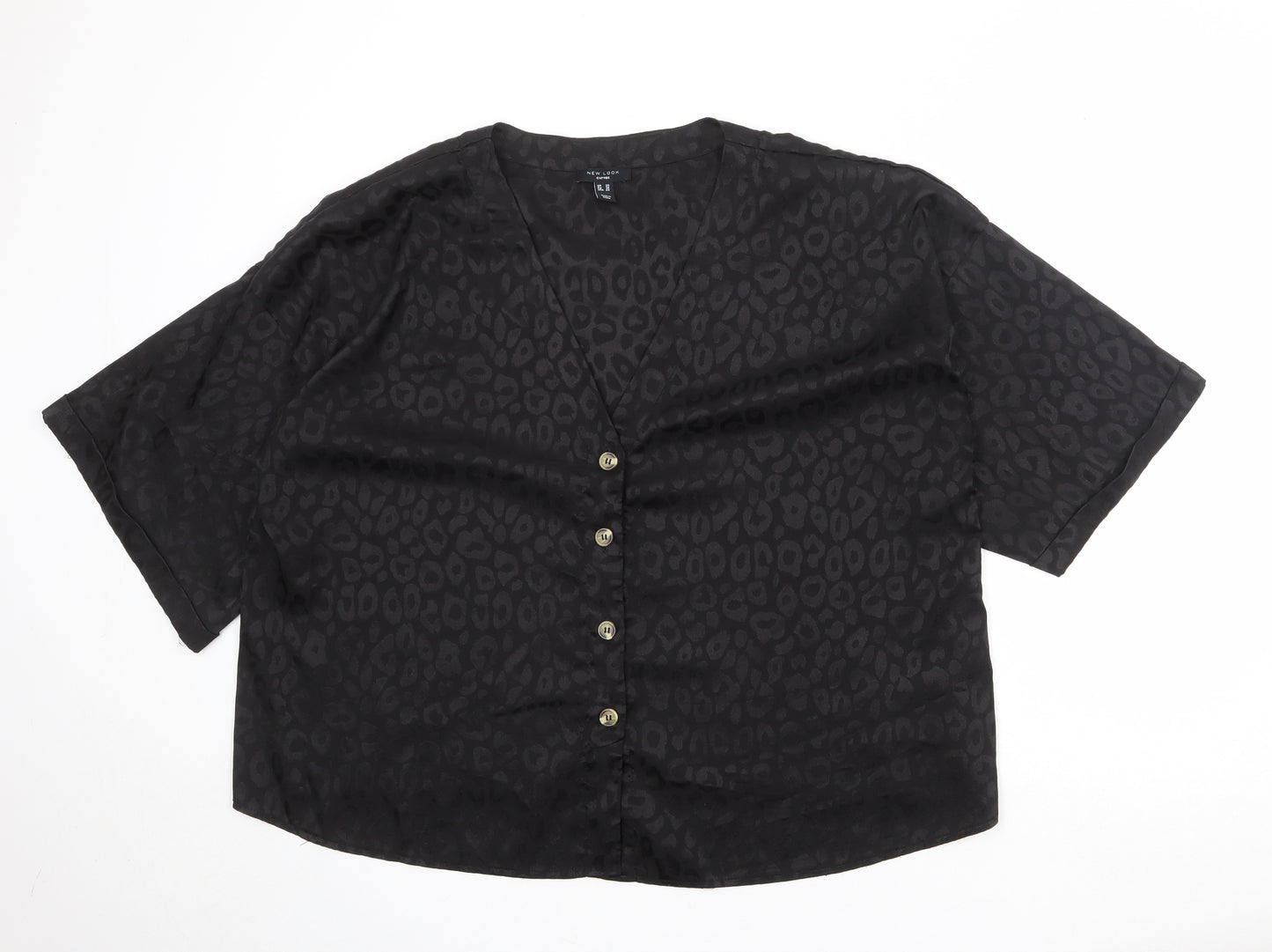 New Look Womens Black Animal Print Polyester Basic Button-Up Size 28 V-Neck - Leopard Pattern