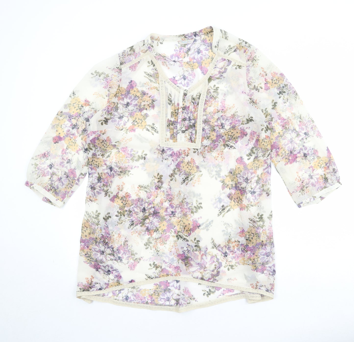 Indigo Womens Beige Floral Polyester Basic Blouse Size 16 V-Neck