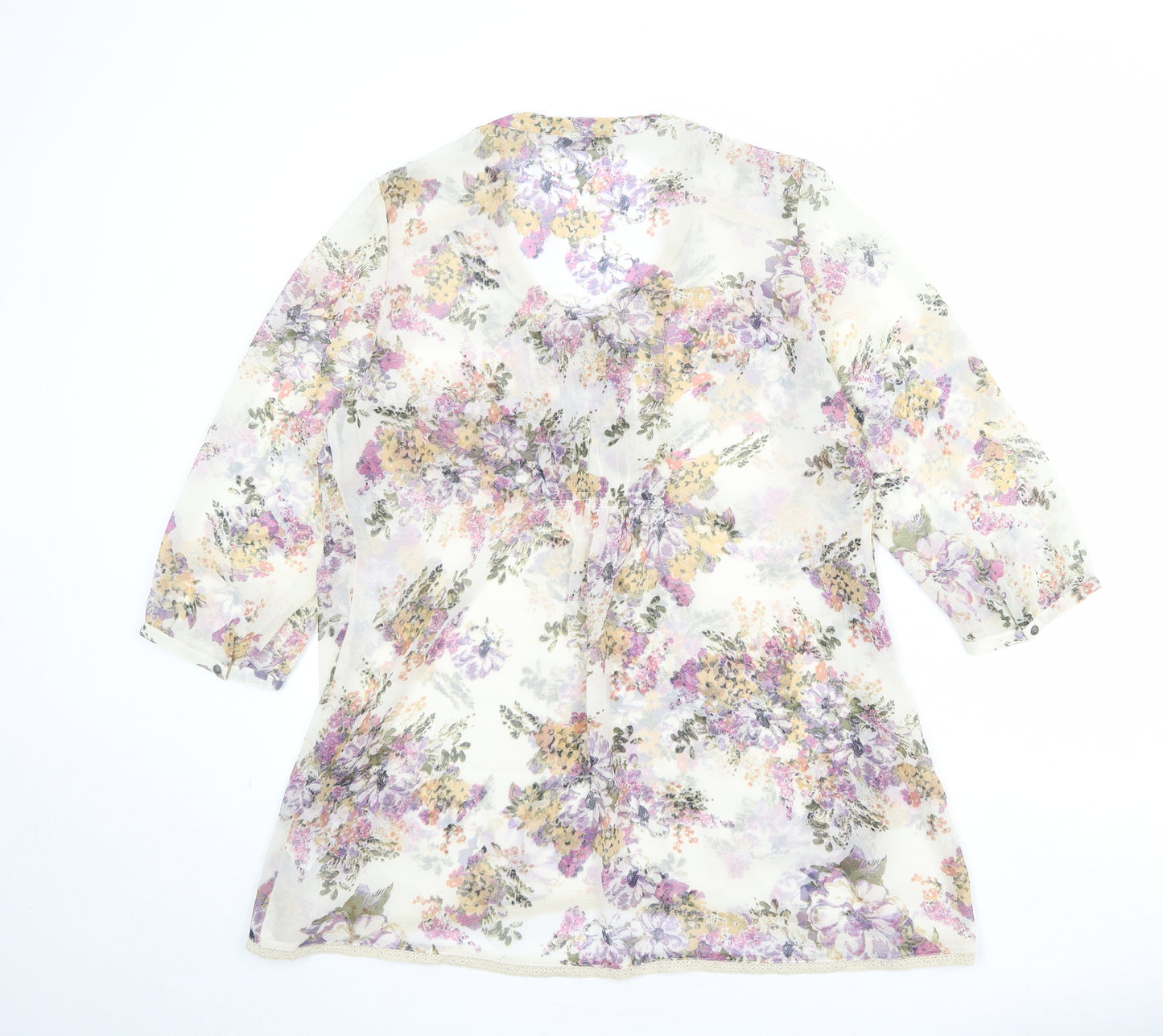 Indigo Womens Beige Floral Polyester Basic Blouse Size 16 V-Neck