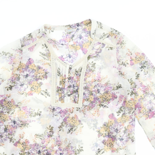 Indigo Womens Beige Floral Polyester Basic Blouse Size 16 V-Neck