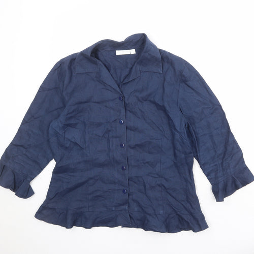 Tina Taylor Womens Blue Linen Basic Button-Up Size 14 Collared