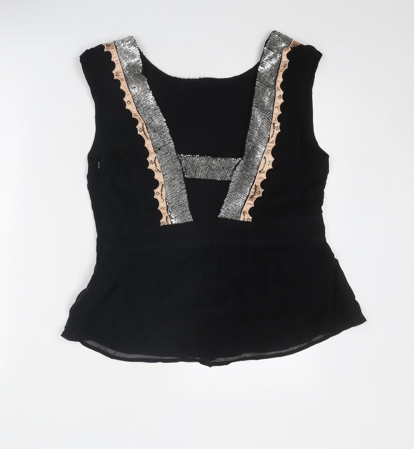 French Connection Womens Black Geometric Viscose Basic Blouse Size 14 Round Neck