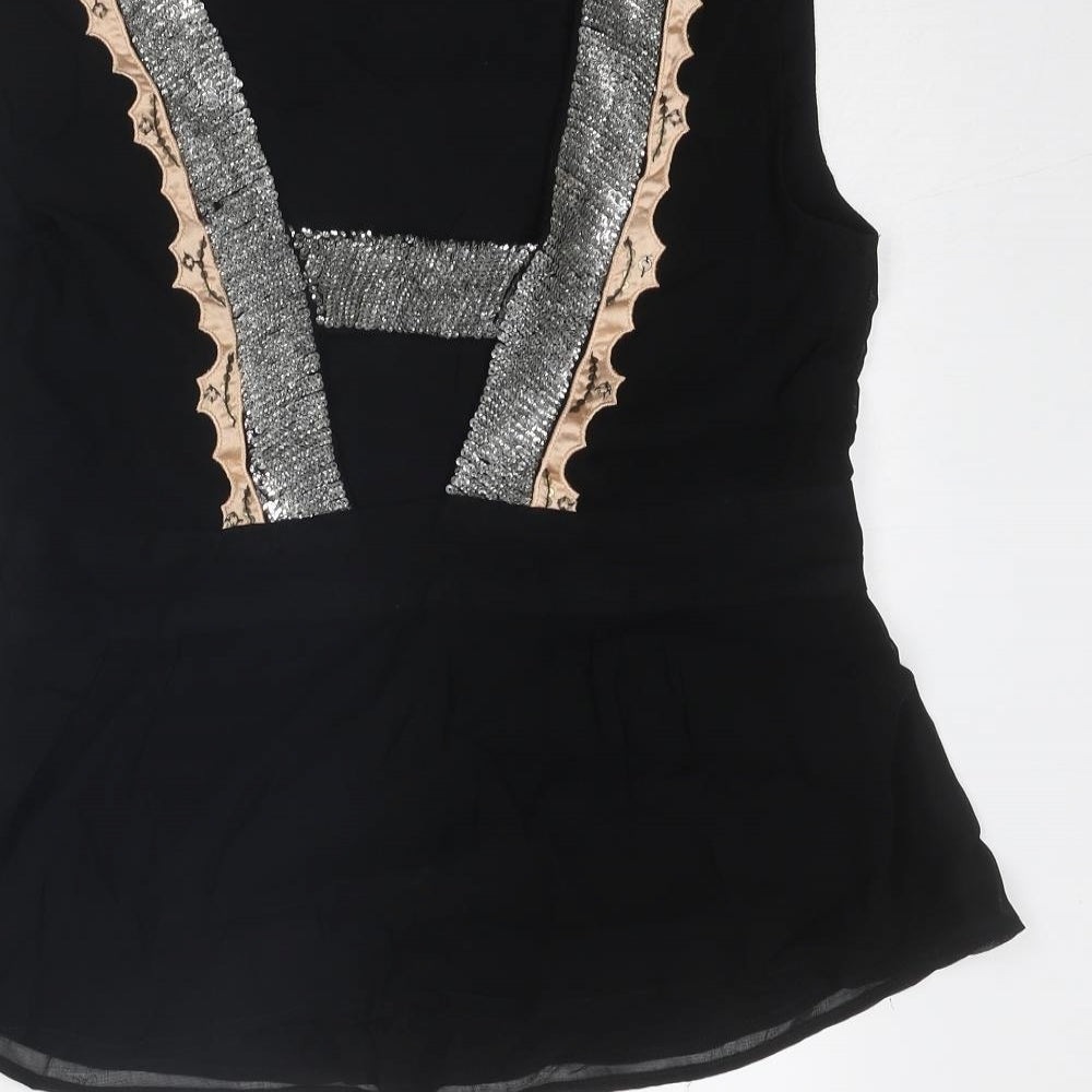 French Connection Womens Black Geometric Viscose Basic Blouse Size 14 Round Neck