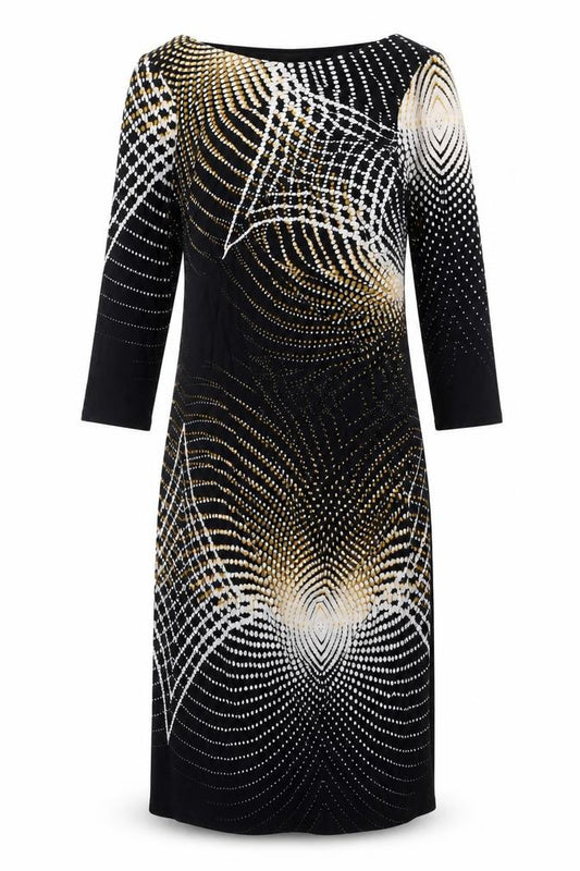 Front view of Principles women’s black geometric viscose a-line, size UK 12, boat neck pullover