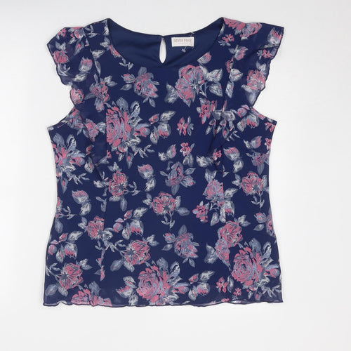 Anna Rose Womens Blue Floral Polyester Basic Blouse Size 16 Round Neck