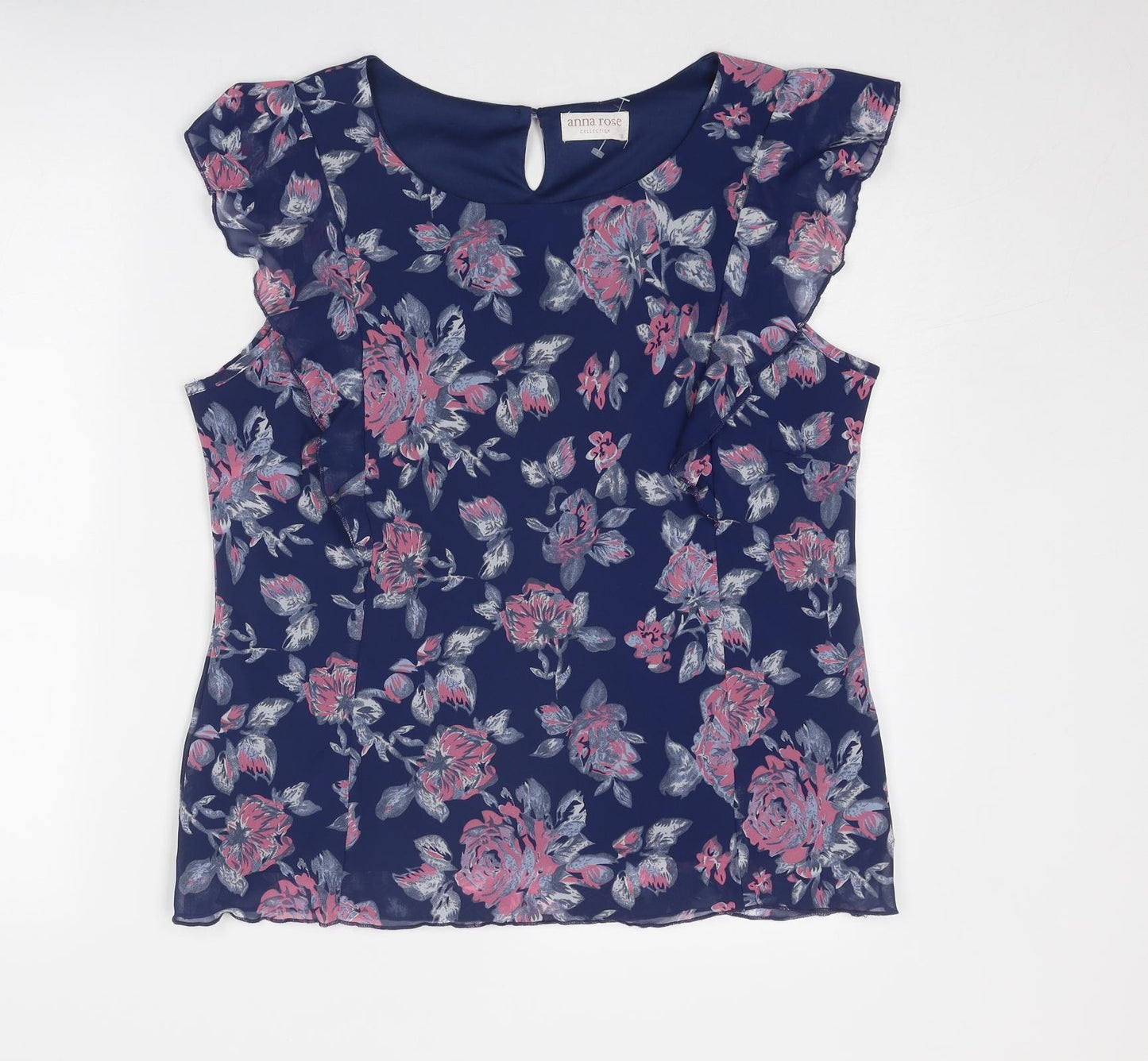 Anna Rose Womens Blue Floral Polyester Basic Blouse Size 16 Round Neck