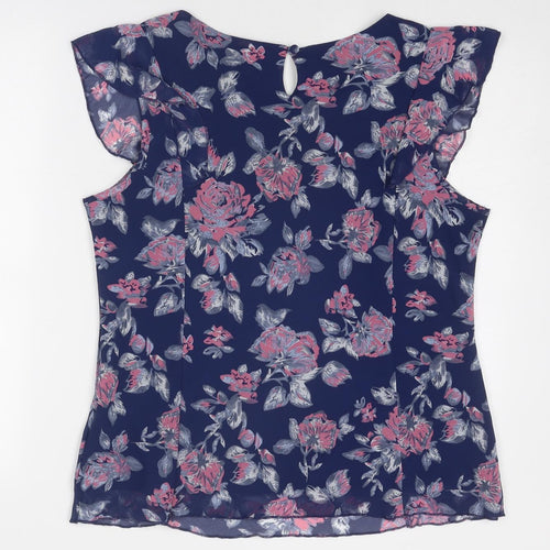 Anna Rose Womens Blue Floral Polyester Basic Blouse Size 16 Round Neck