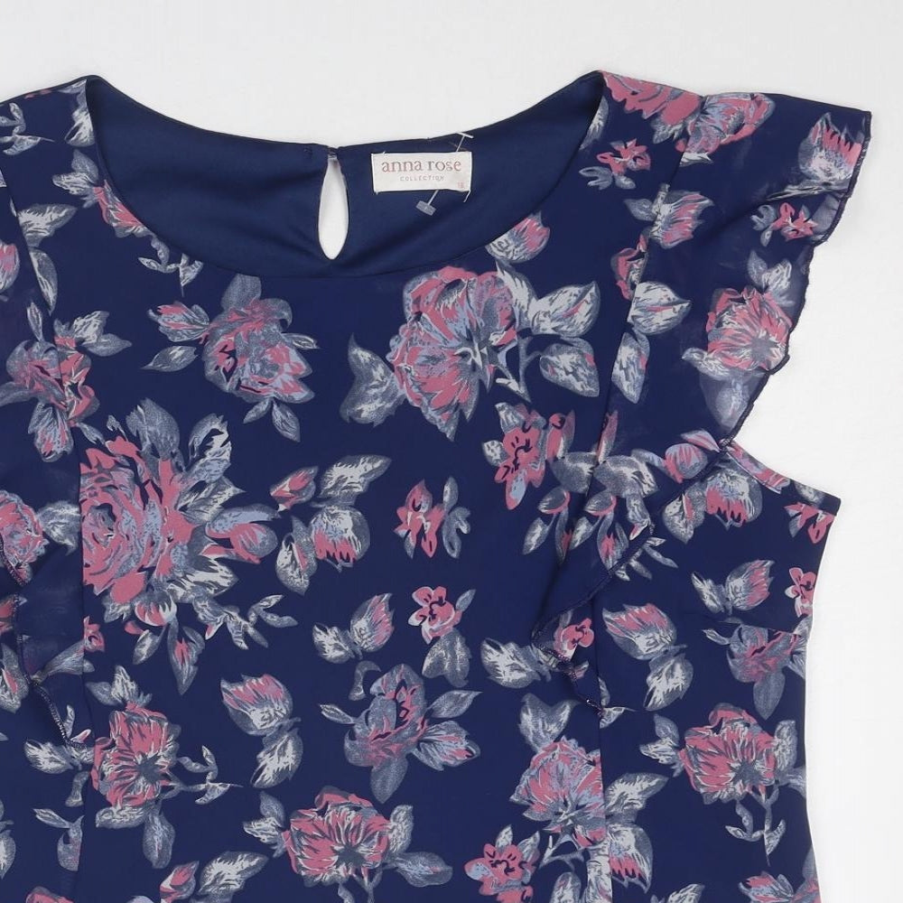 Anna Rose Womens Blue Floral Polyester Basic Blouse Size 16 Round Neck