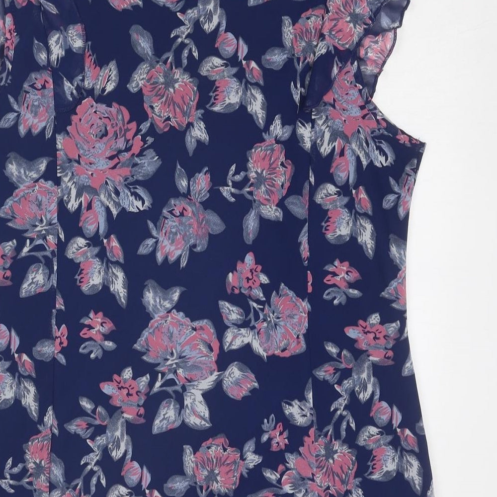 Anna Rose Womens Blue Floral Polyester Basic Blouse Size 16 Round Neck