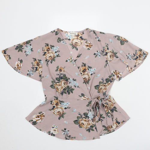 Monteau Womens Grey Floral Polyester Wrap Blouse Size S V-Neck