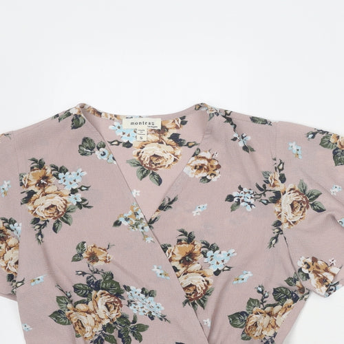 Monteau Womens Grey Floral Polyester Wrap Blouse Size S V-Neck
