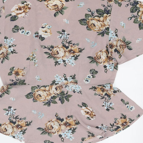 Monteau Womens Grey Floral Polyester Wrap Blouse Size S V-Neck