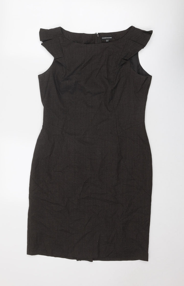 Warehouse Womens Brown Polyester Shift Size 14 Round Neck Zip