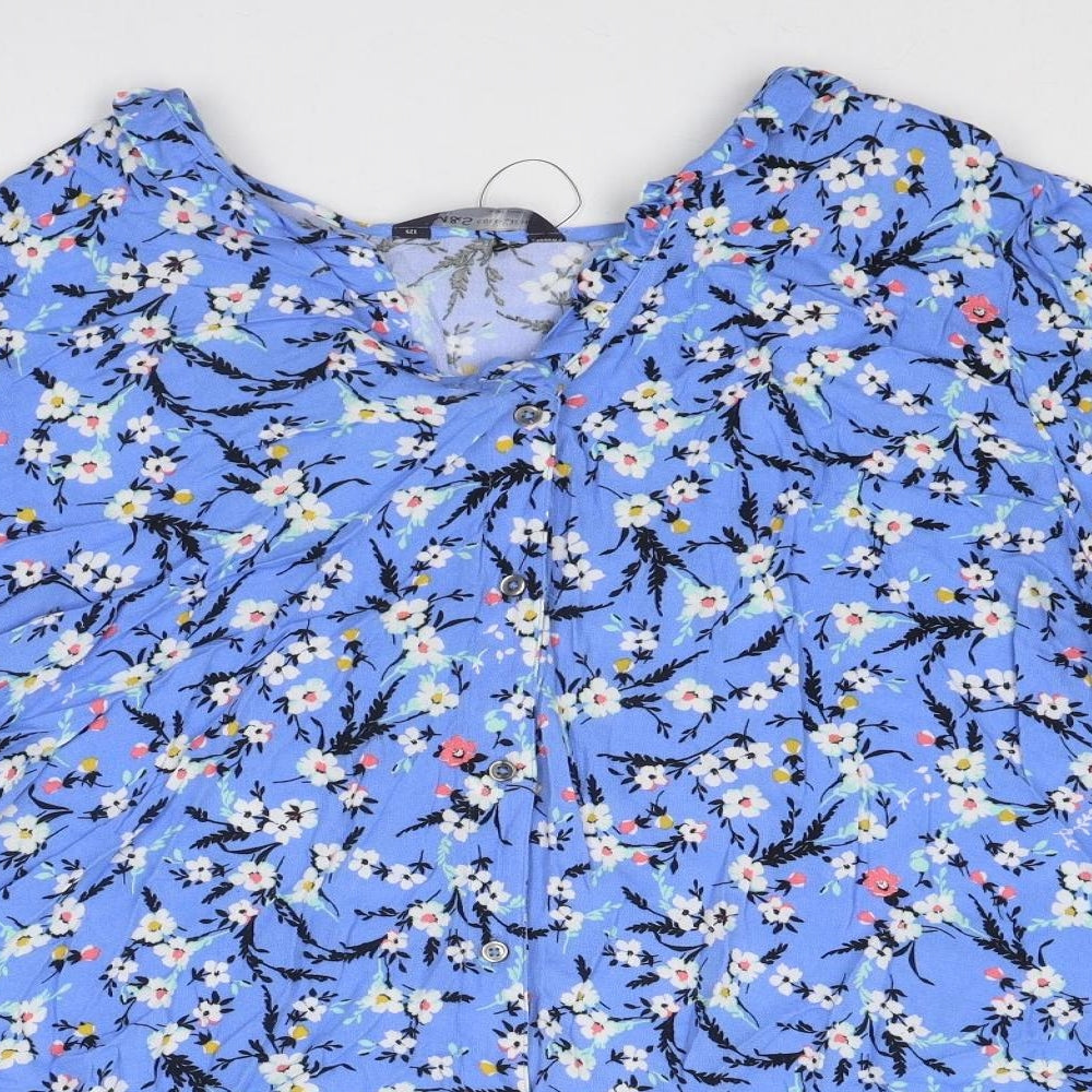 Marks and Spencer Womens Blue Floral Viscose Basic Button-Up Size 22 V-Neck