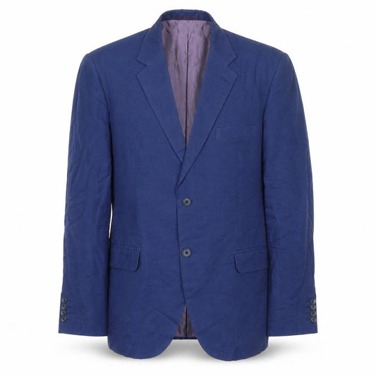 Front view of Ejaz Suiting men’s blue polyester jacket blazer, size 40, regular