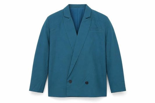 Front view of 4th & Reckless women’s blue polyester jacket blazer, size UK 12, - shoulder pads