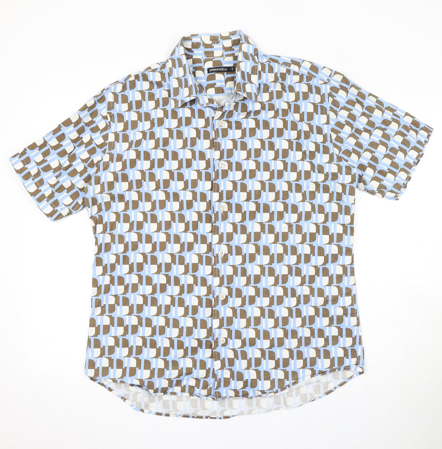Springfield Mens Blue Geometric Cotton Button-Up Size L Collared Button