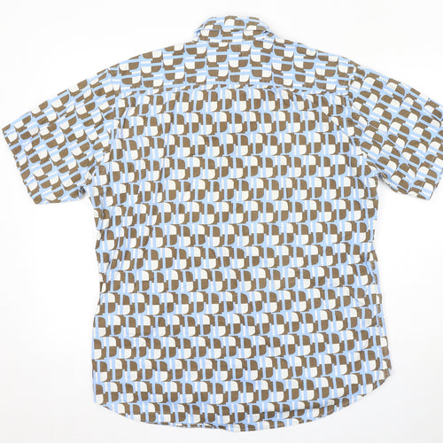 Springfield Mens Blue Geometric Cotton Button-Up Size L Collared Button