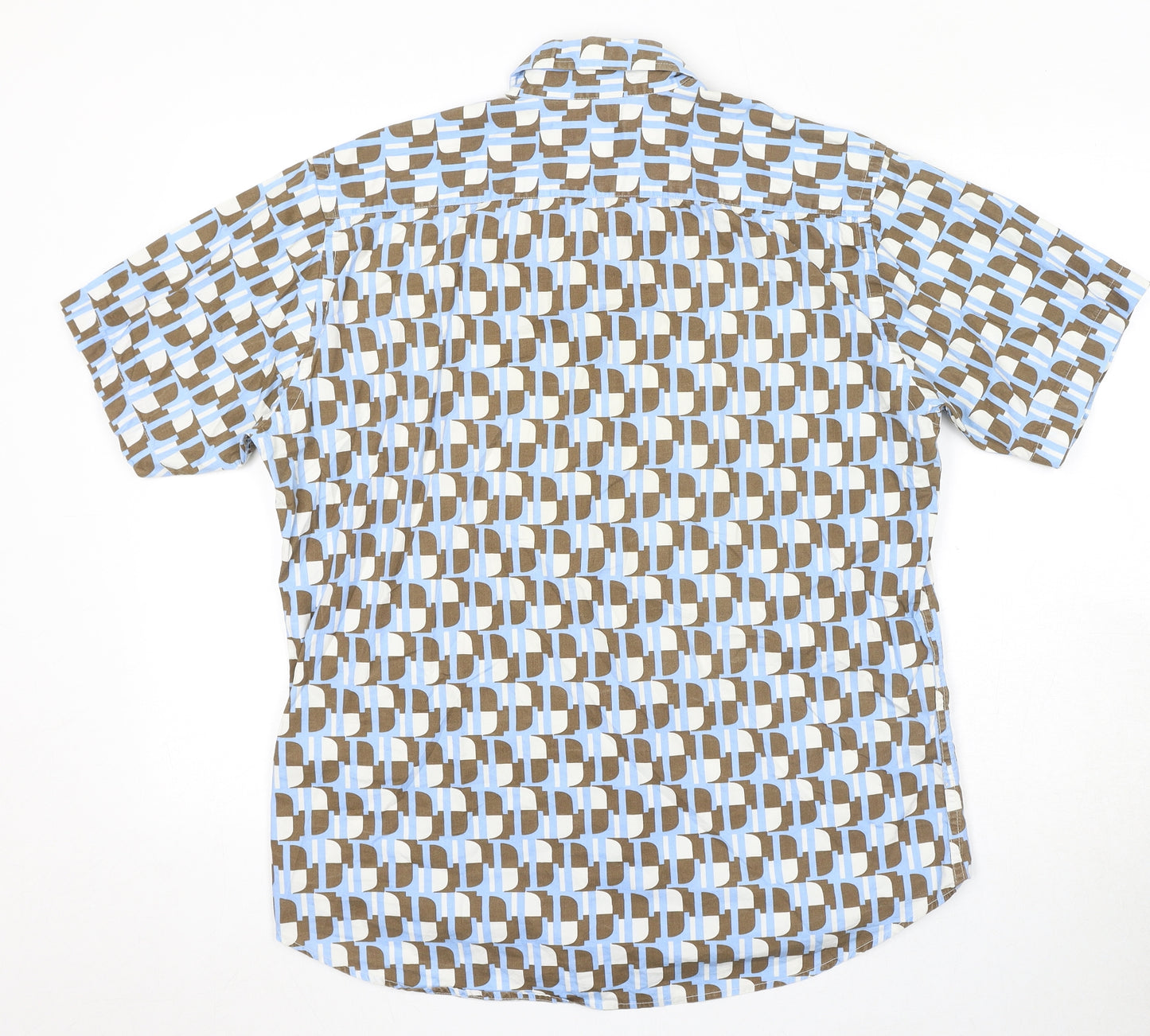 Springfield Mens Blue Geometric Cotton Button-Up Size L Collared Button