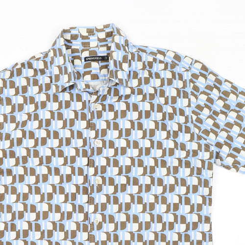 Springfield Mens Blue Geometric Cotton Button-Up Size L Collared Button