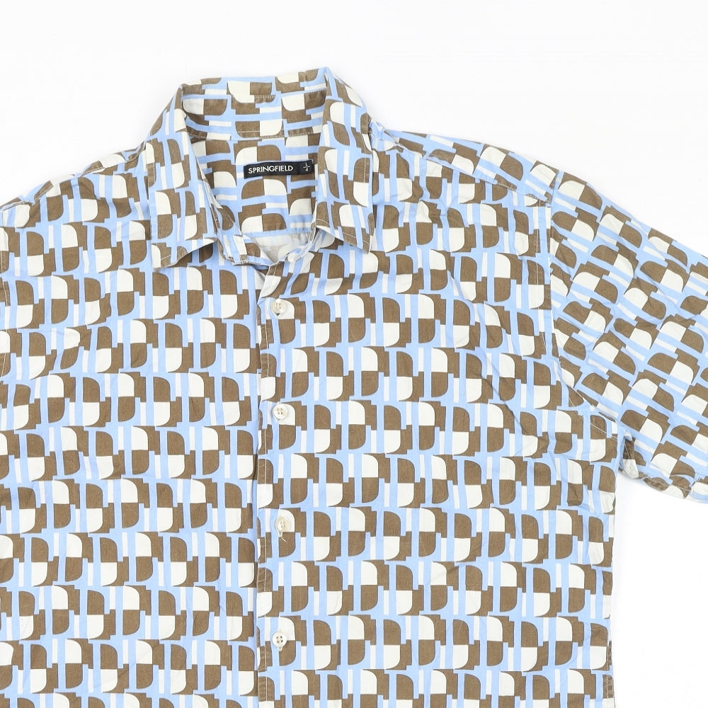 Springfield Mens Blue Geometric Cotton Button-Up Size L Collared Button