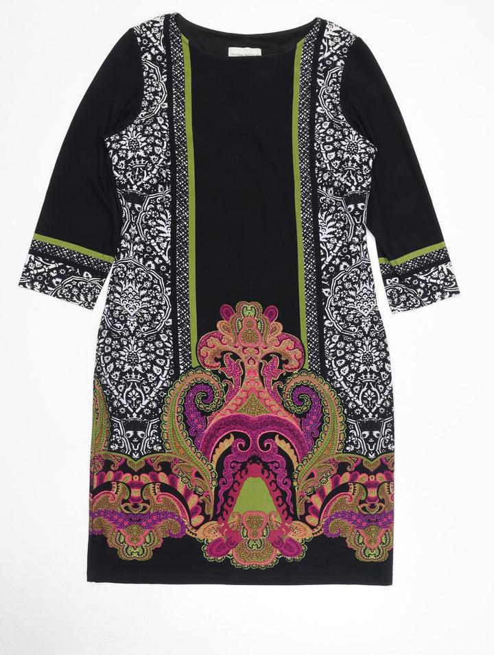 Ronni Nicole Womens Black Geometric Polyester A-Line Size 14 Round Neck Pullover