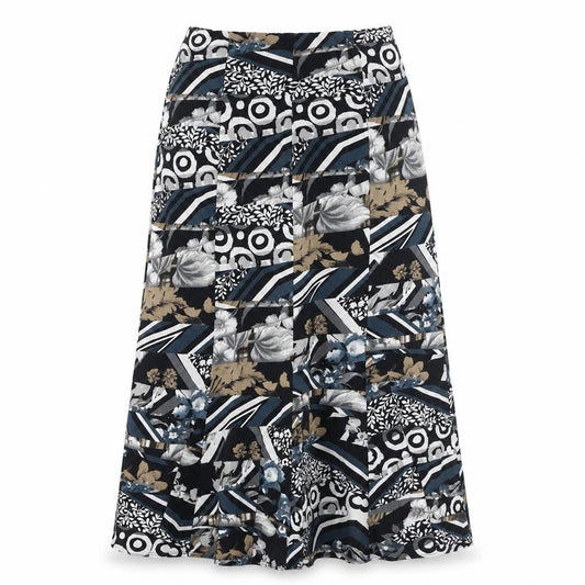 Front view of Saloos women’s multicoloured geometric polyester swing skirt, size UK 12