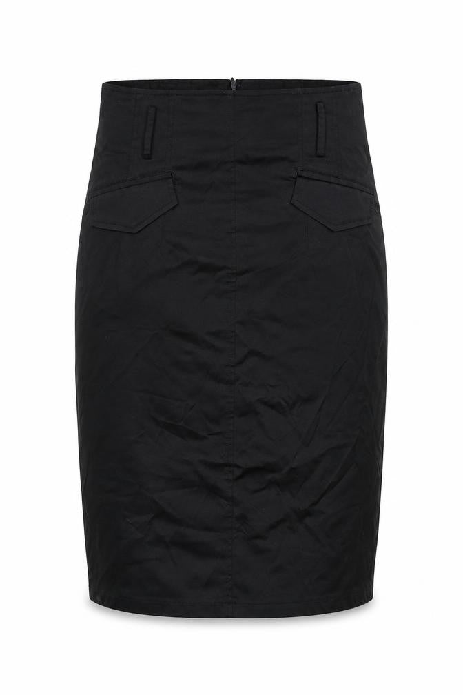 Front view of Lucy women’s black polyester straight & pencil skirt, size L, zip
