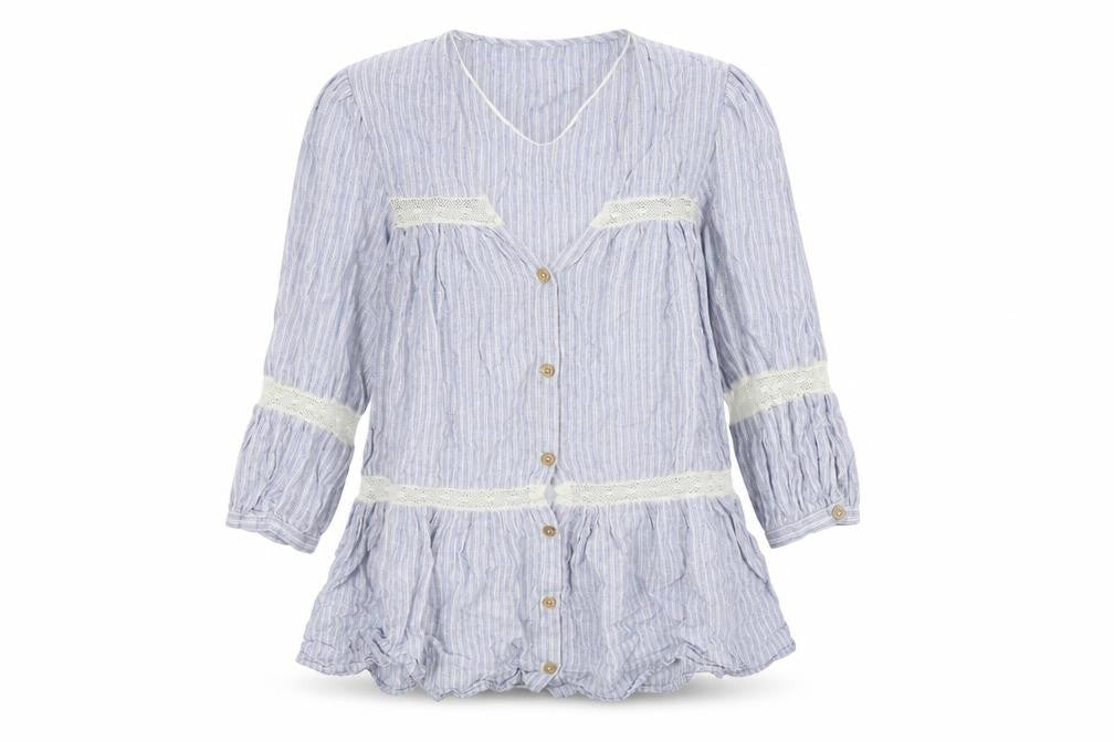 Front view of Zara women’s blue striped cotton basic button-up, size XS, v-neck