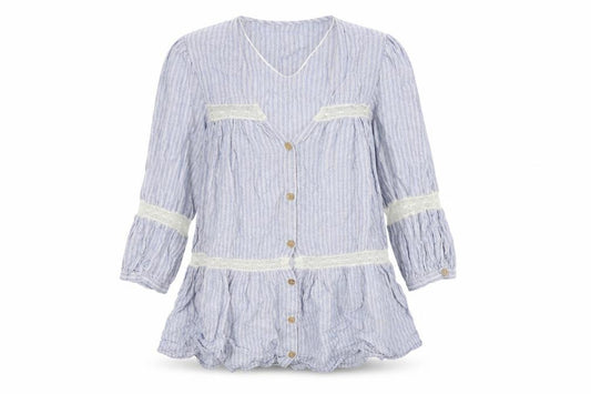 Front view of Zara women’s blue striped cotton basic button-up, size XS, v-neck