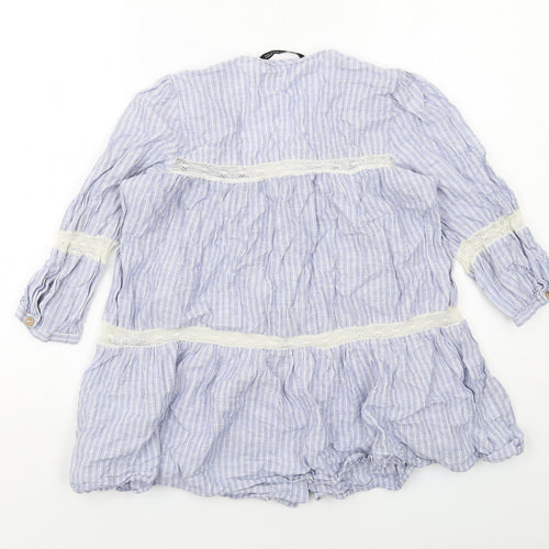 Zara Womens Blue Striped Cotton Basic Button-Up Size XS V-Neck