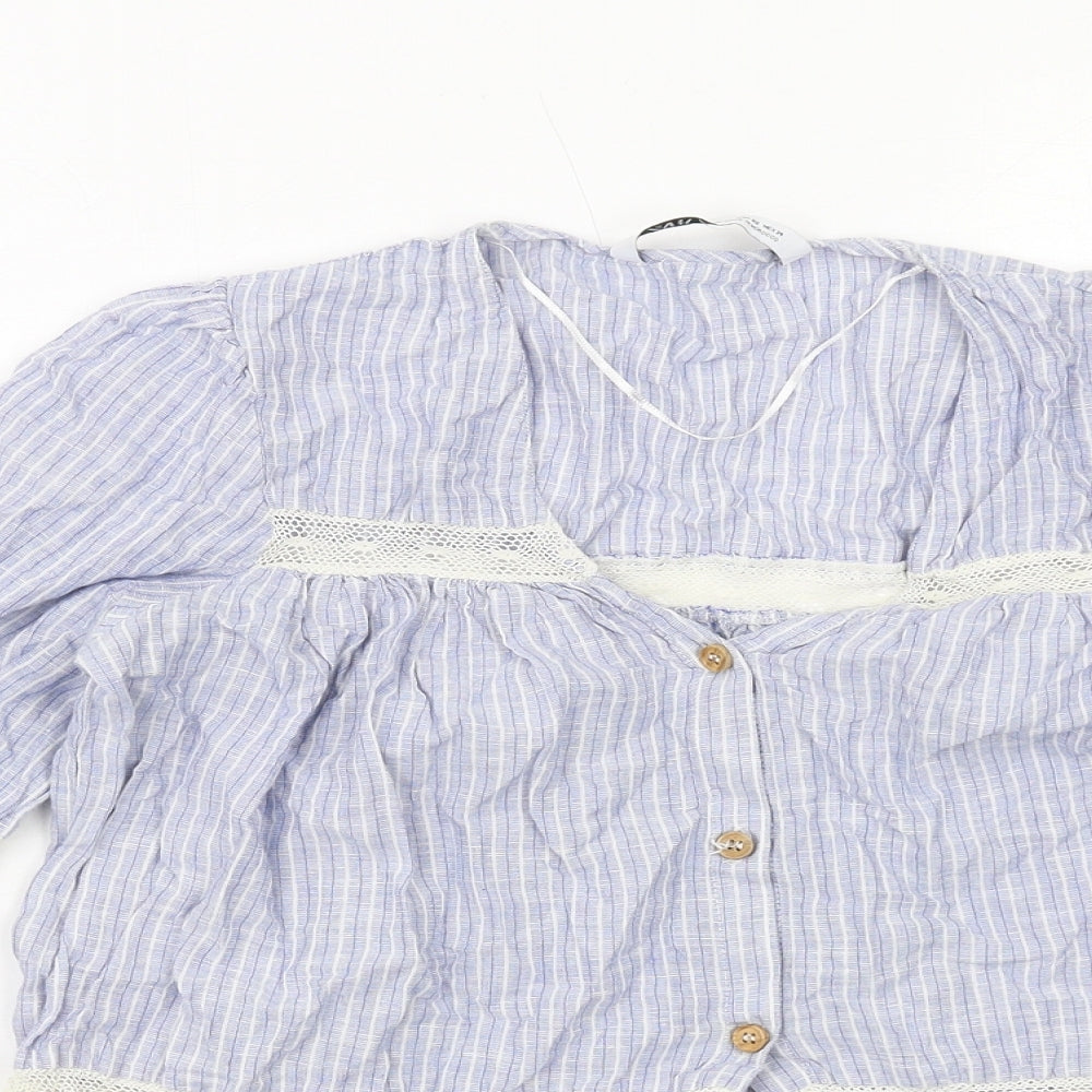 Zara Womens Blue Striped Cotton Basic Button-Up Size XS V-Neck