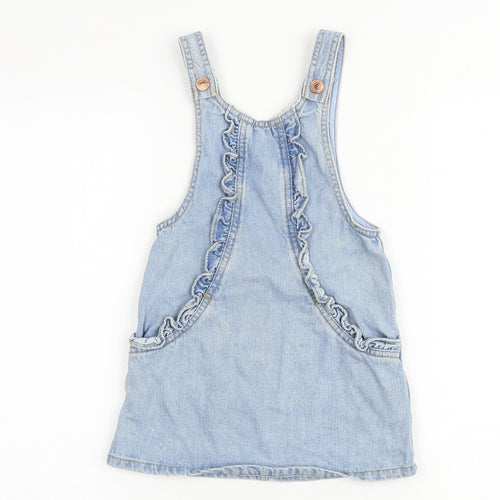 NEXT Girls Blue 100% Cotton Pinafore/Dungaree Dress Size 4 Years Round Neck Snap