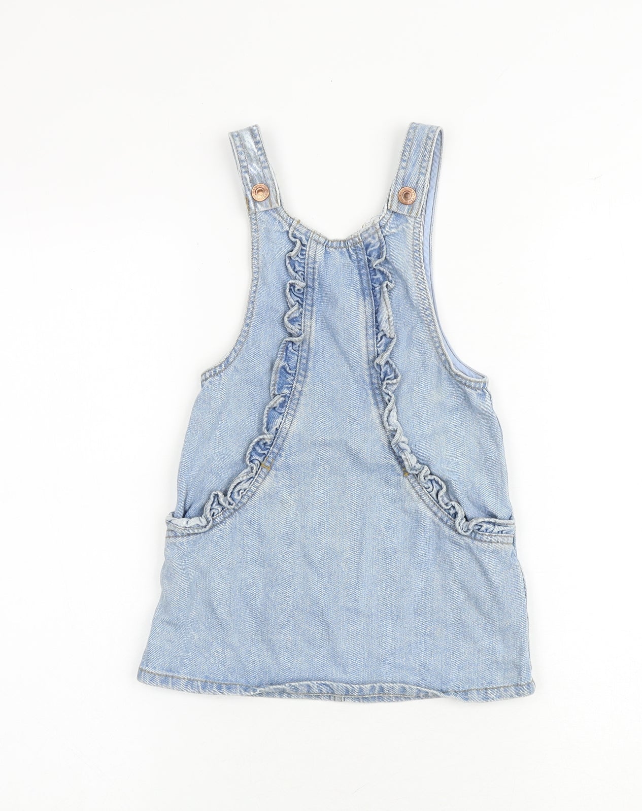 NEXT Girls Blue 100% Cotton Pinafore/Dungaree Dress Size 4 Years Round Neck Snap