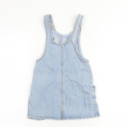 NEXT Girls Blue 100% Cotton Pinafore/Dungaree Dress Size 4 Years Round Neck Snap