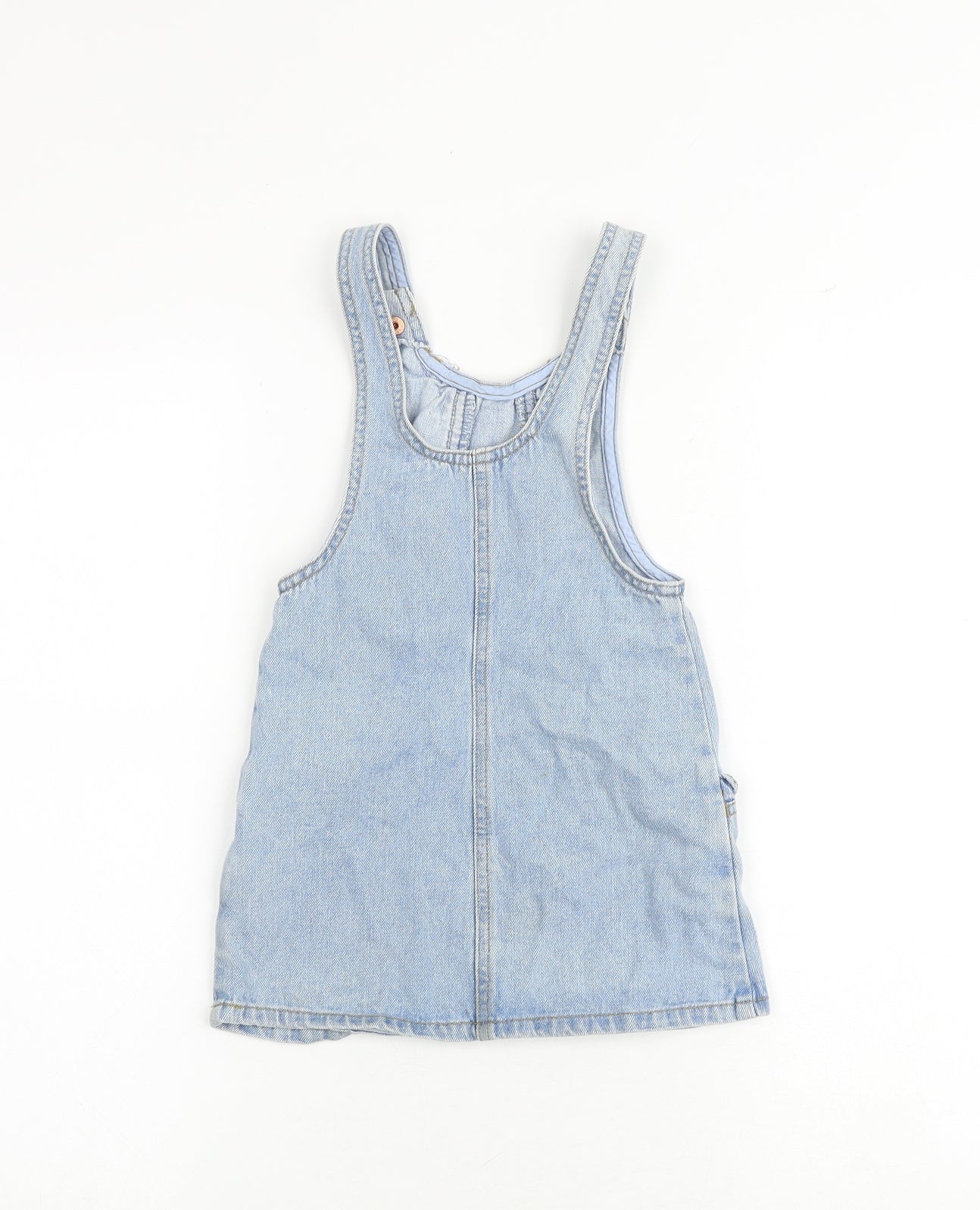 NEXT Girls Blue 100% Cotton Pinafore/Dungaree Dress Size 4 Years Round Neck Snap